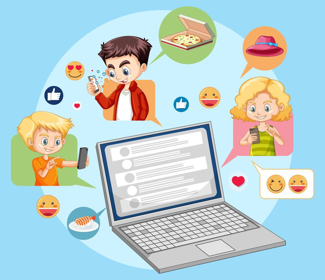 ordinateur portable avec des icônes emoji de médias sociaux vecteur