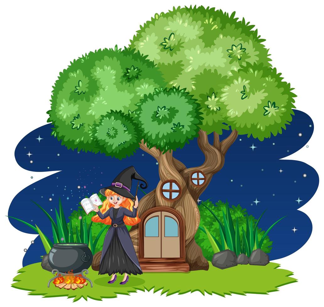 sorcière debout à côté de la cabane dans les arbres vecteur