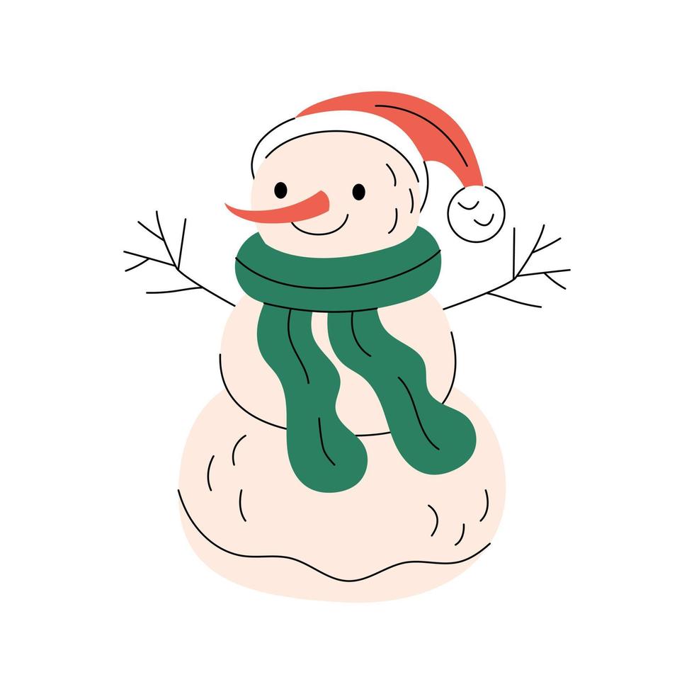mignon bonhomme de neige souriant portant un bonnet de noel rouge et une écharpe verte vecteur
