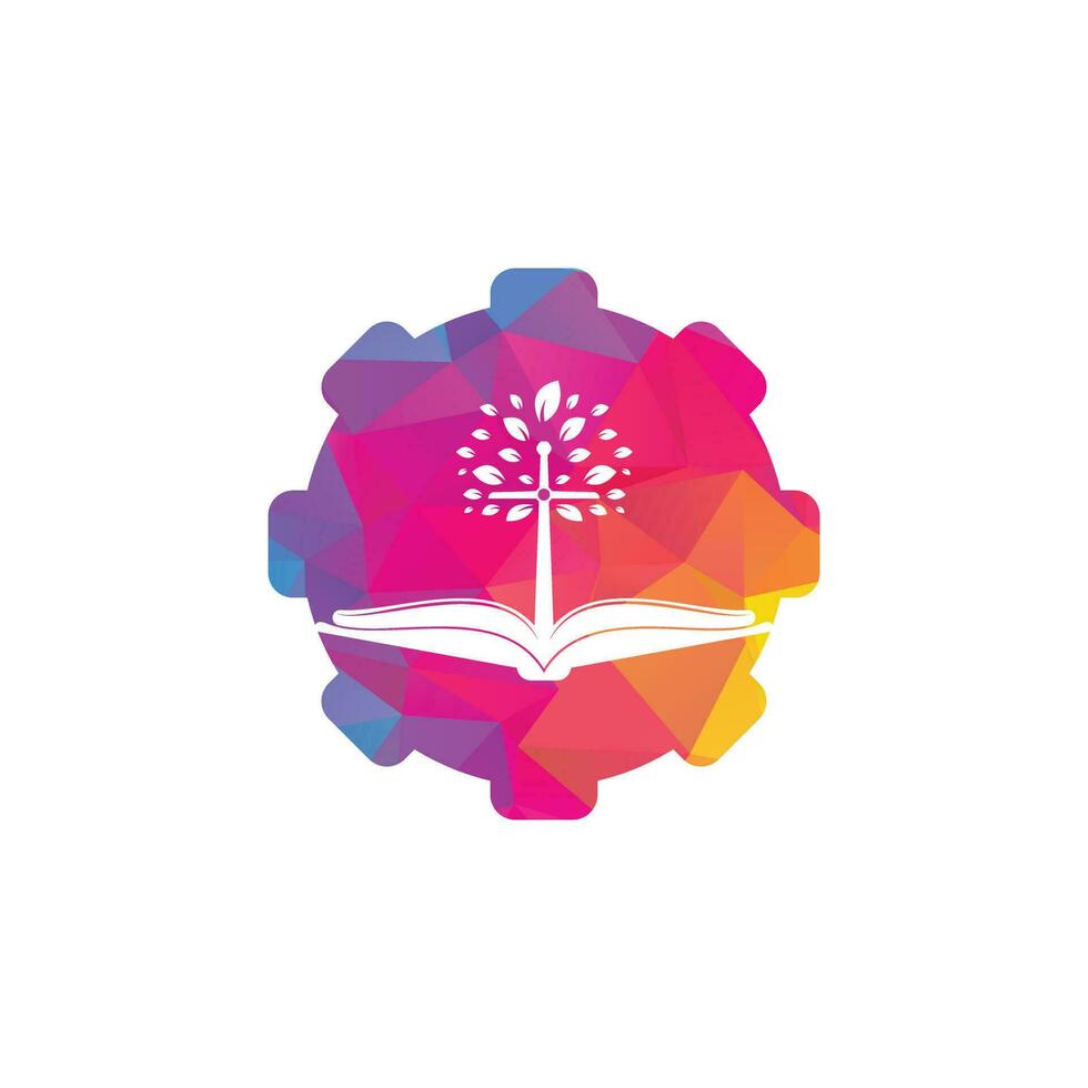 création de logo de concept de forme d'engrenage d'arbre d'église biblique. création de logo d'église d'arbre de croix de bible vecteur