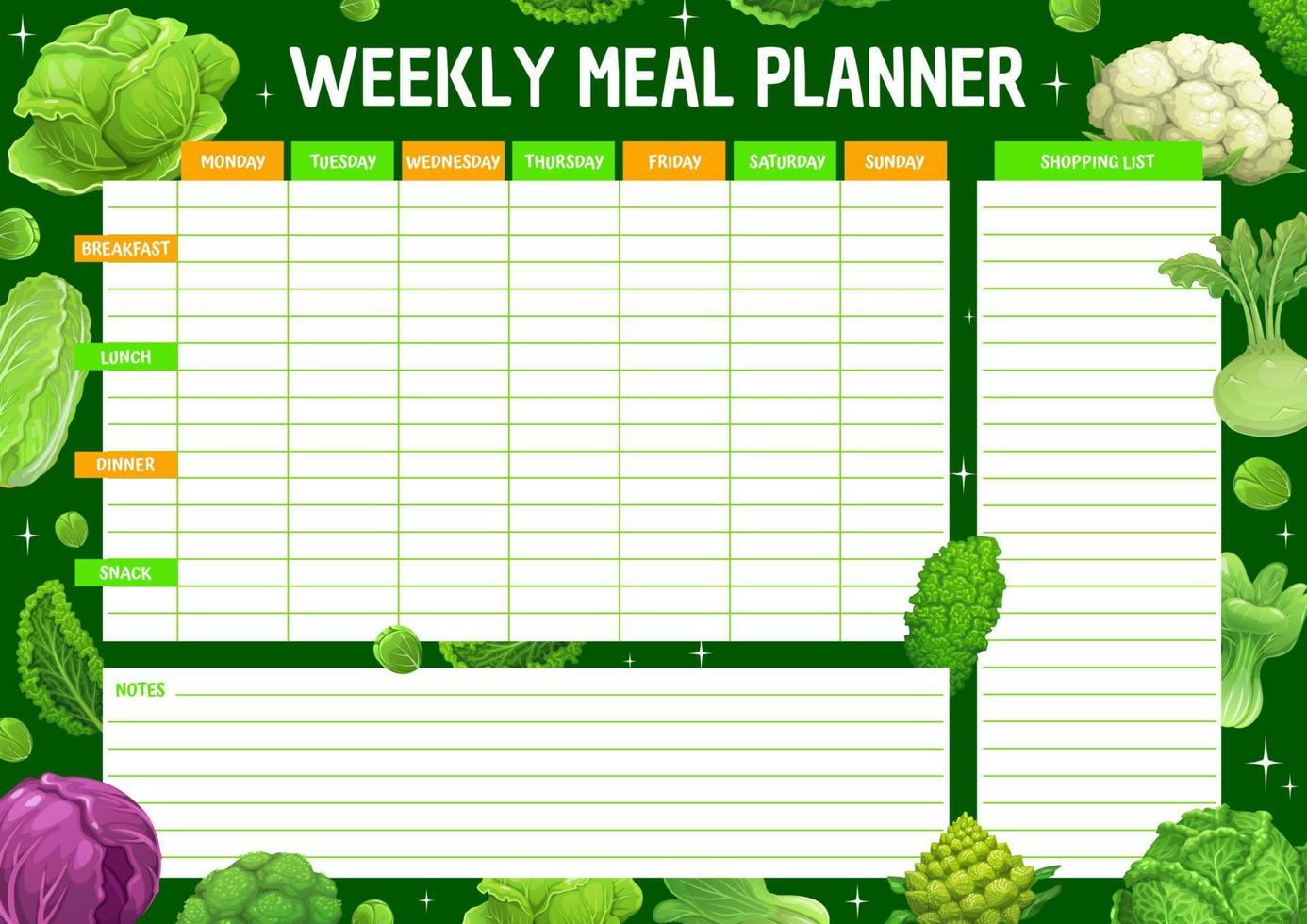 planificateur de repas hebdomadaire avec des légumes au chou vecteur