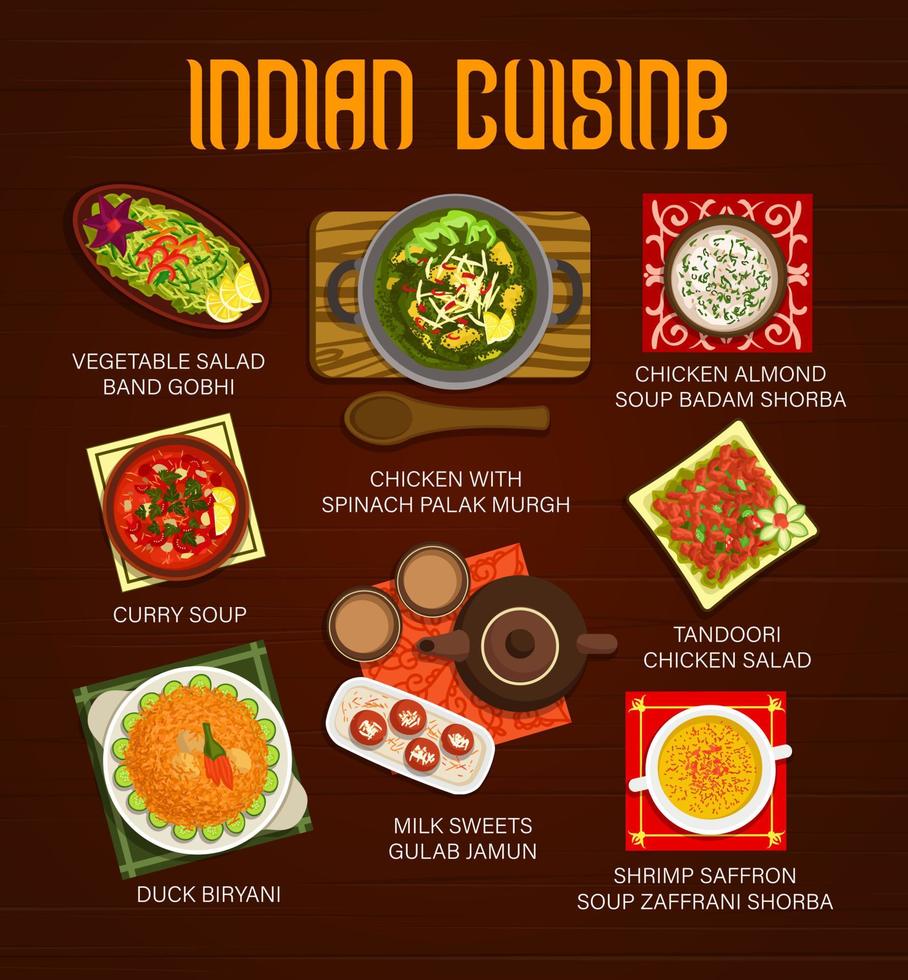 menu de repas de cuisine indienne avec des aliments aux épices de vecteur