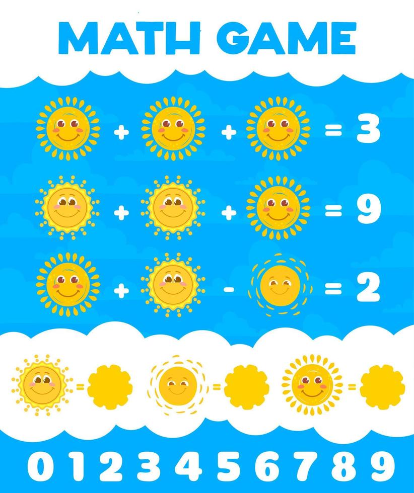 feuille de calcul de jeu de mathématiques avec des personnages de dessin animé du soleil vecteur