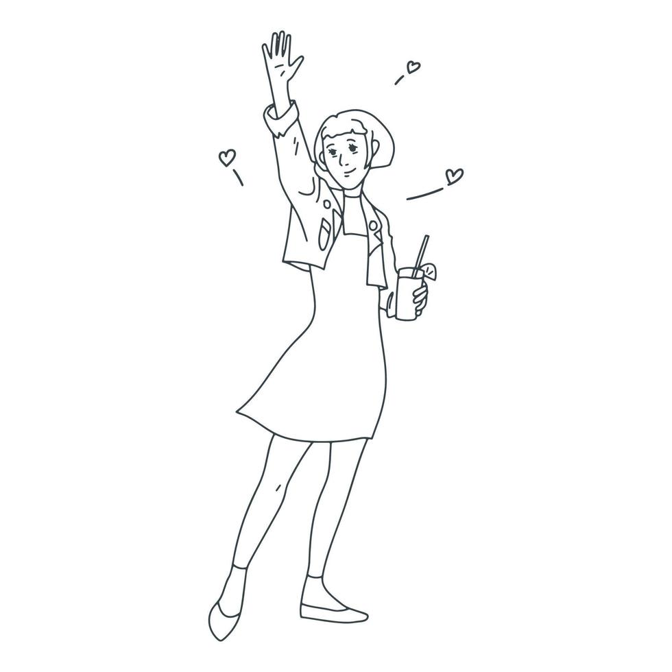 doodle girl marchant avec du jus vecteur