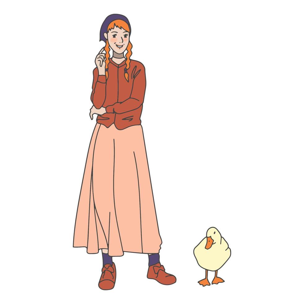 illustration country girl debout avec un canard vecteur