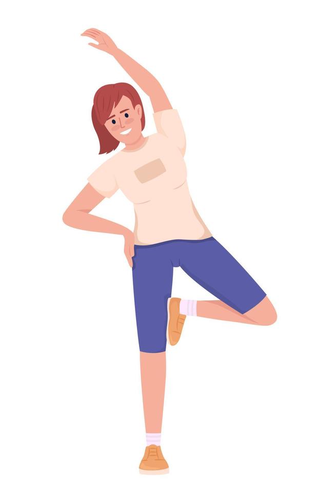 entraîneur montrant le caractère vectoriel de couleur semi-plat de l'exercice sportif. mode de vie actif. figure modifiable. personne de tout le corps sur blanc. illustration de style dessin animé simple pour la conception graphique et l'animation web