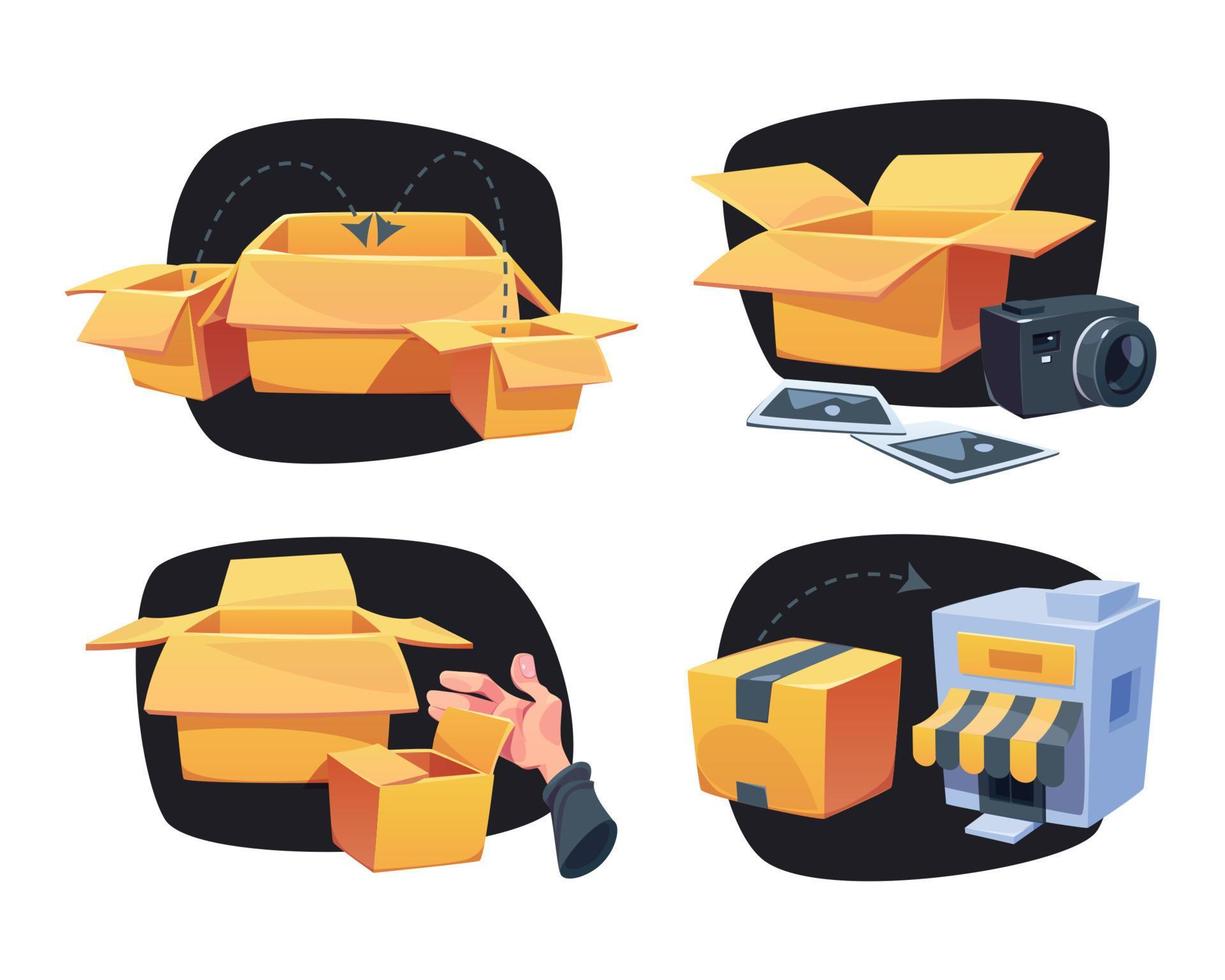 icônes de dessin animé de livraison de colis avec des boîtes en carton vecteur