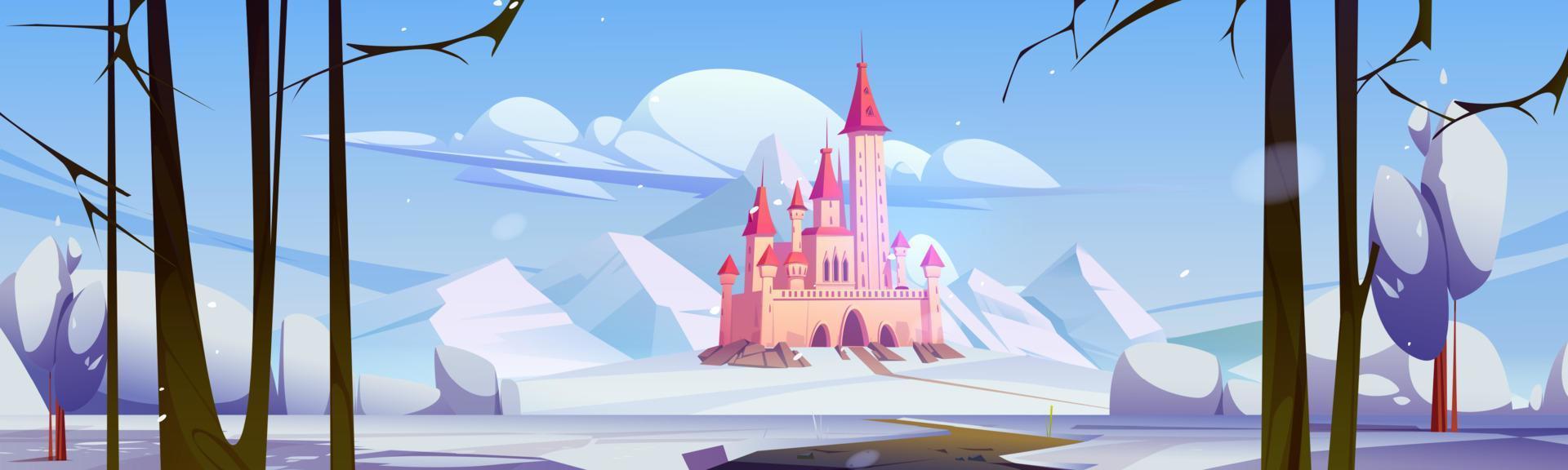 paysage d'hiver avec château, montagne, neige blanche vecteur