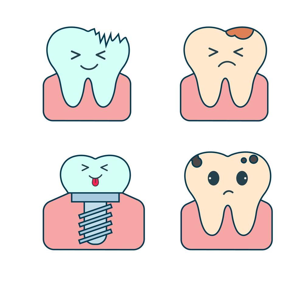 Kawaii cartoon dents avec des émotions positives ou négatives vecteur