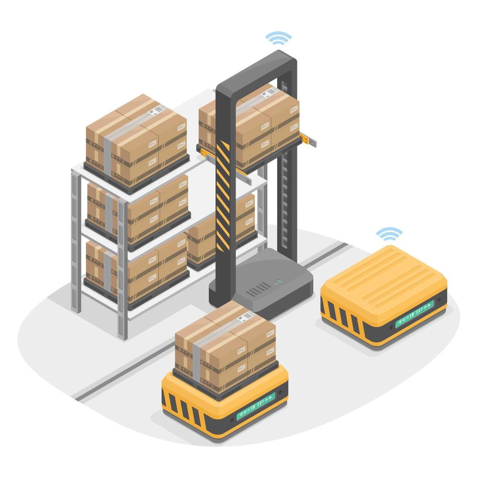 entrepôt intelligent robot chariot élévateur transporter des marchandises lourdes ai chargement automatique section industrie isométrique isométrique vecteur