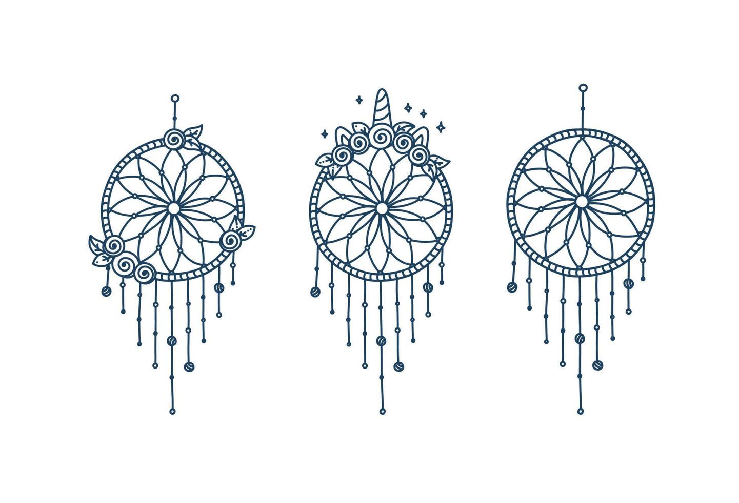 licornes dreamcatcher avec fleurs et oreilles. ensemble de capteurs de rêves cornés avec des couronnes de roses. illustration vectorielle vecteur