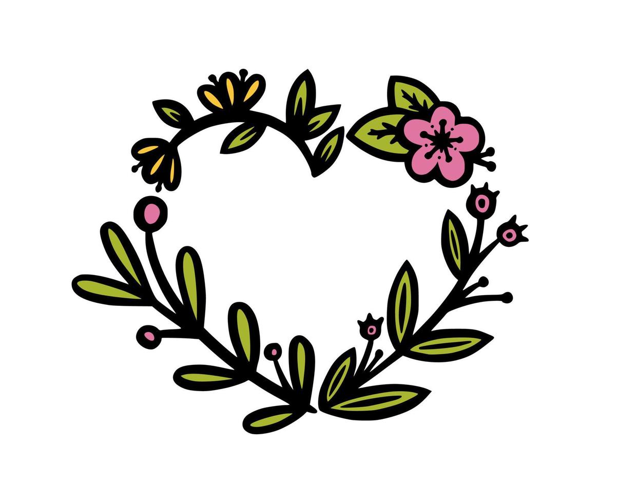 couronne de fleurs pour les invitations et la décoration des bullet journaux. diviseur ou cadre de couronne en forme de cœur. illustration vectorielle de griffonnage vecteur