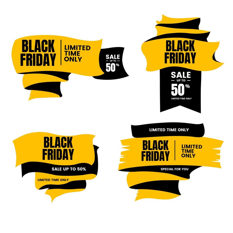 jeu de badges de promotion du vendredi noir style drapeau couleur jaune noir vecteur