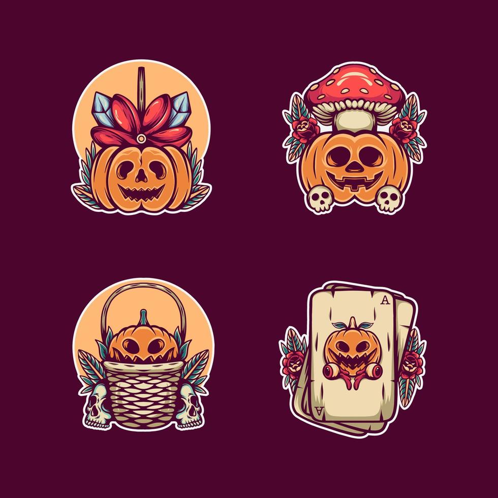 pack d'illustrations d'autocollants halloween citrouille vecteur