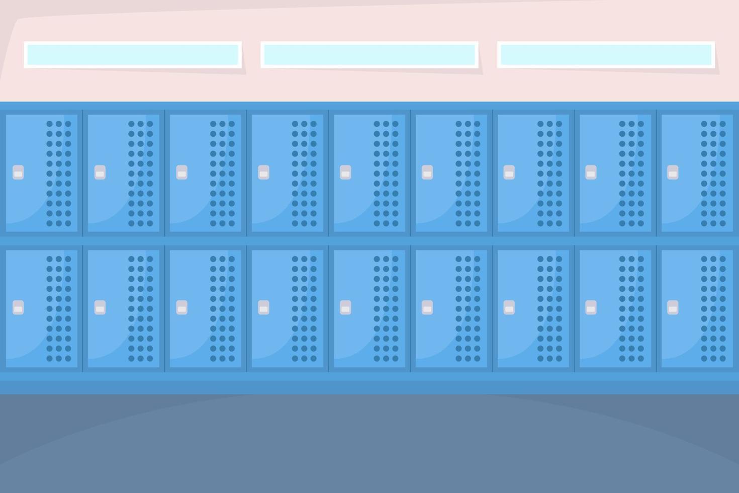 casiers fermés dans l'illustration vectorielle de couleur plate du vestiaire. stockage d'objets personnels. armoires métalliques dans la salle de gym. intérieur de dessin animé simple 2d entièrement modifiable avec mur rose en arrière-plan vecteur