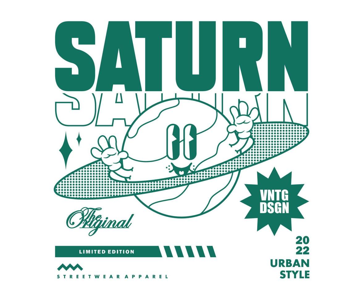 personnage de dessin animé affiche rétro de la conception graphique de la planète saturn pour t shirt street wear et style urbain vecteur