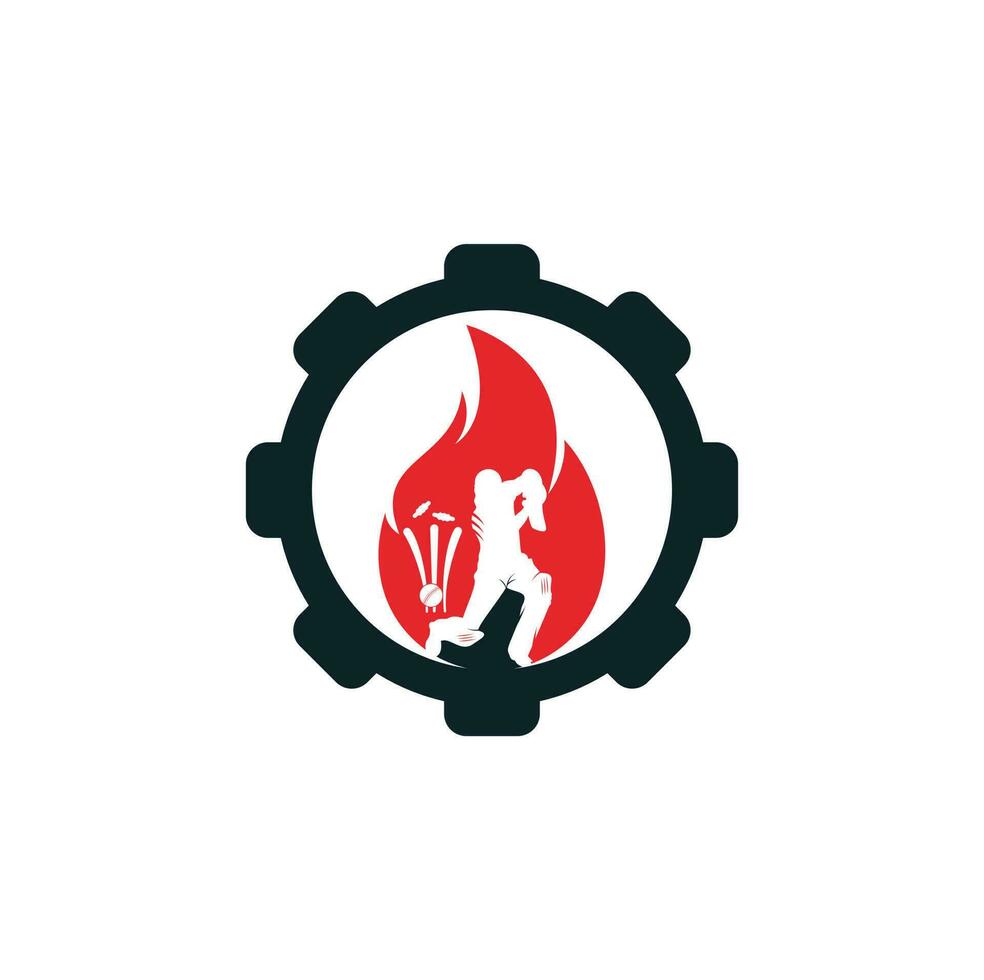 création de logo vectoriel de joueur de cricket de feu. icône du logo d'engrenage de feu de cricket. batteur jouant au cricket et au feu combinaison logo