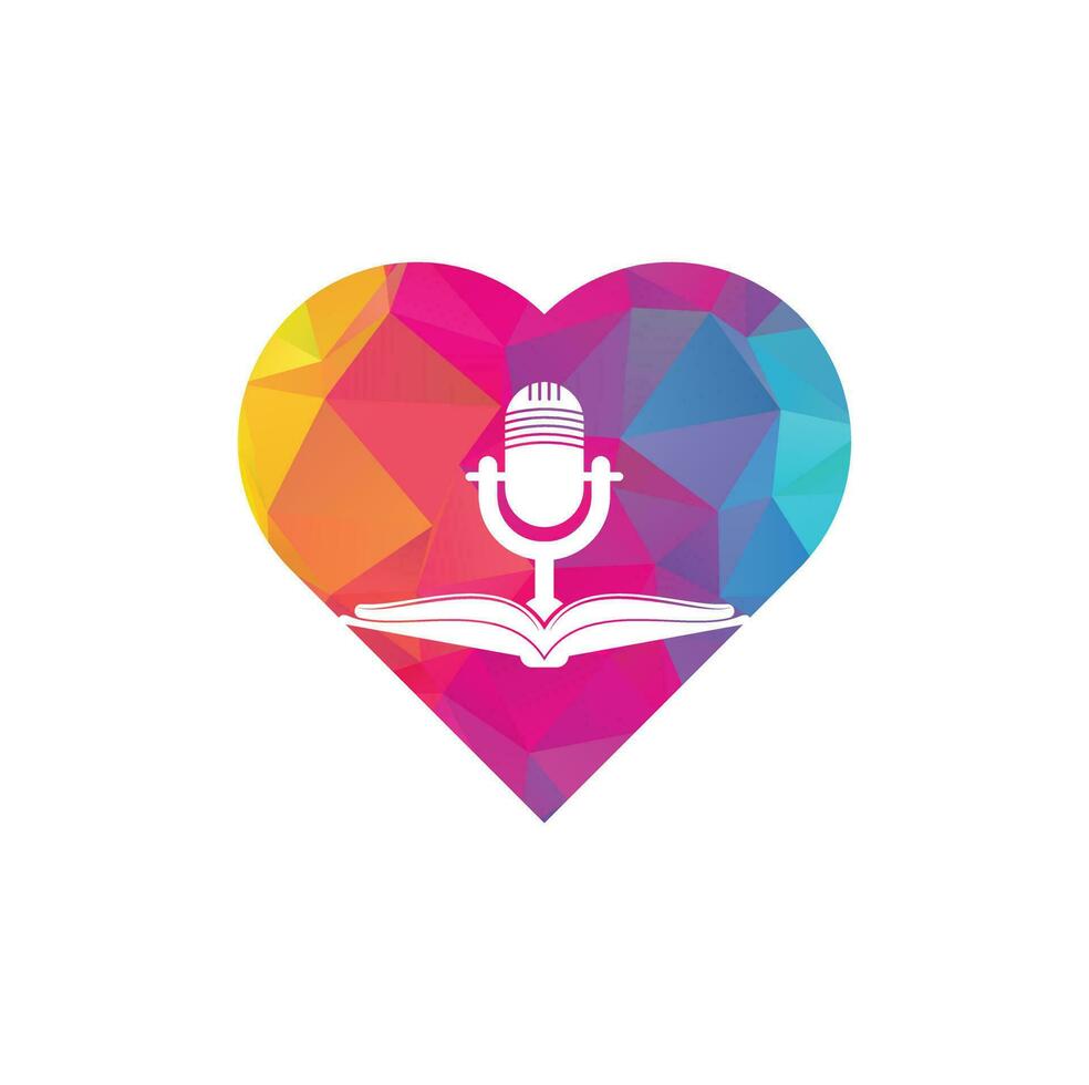 création de logo vectoriel en forme de coeur de livre de podcast. concept de logo de podcast d'éducation.