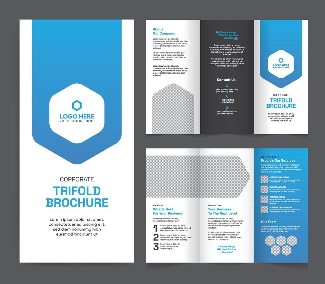 modèle de brochure à trois volets d'entreprise. conception de vecteur de brochure à trois volets moderne, créative et professionnelle. mise en page simple et minimaliste avec la couleur bleue. brochure à trois volets d'entreprise.