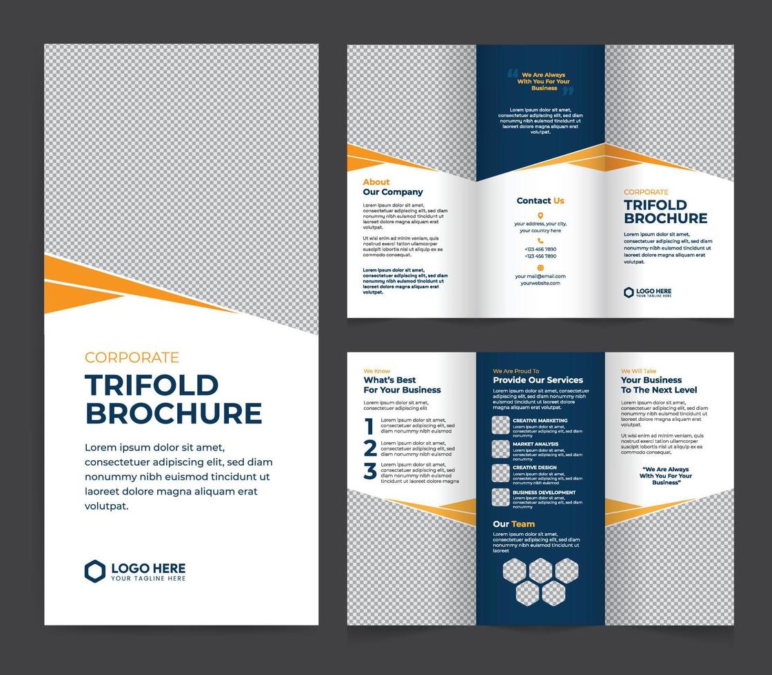 modèle de brochure à trois volets d'entreprise. conception de vecteur de brochure à trois volets moderne, créative et professionnelle. mise en page simple et minimaliste avec des couleurs bleues et jaunes. brochure à trois volets d'entreprise.