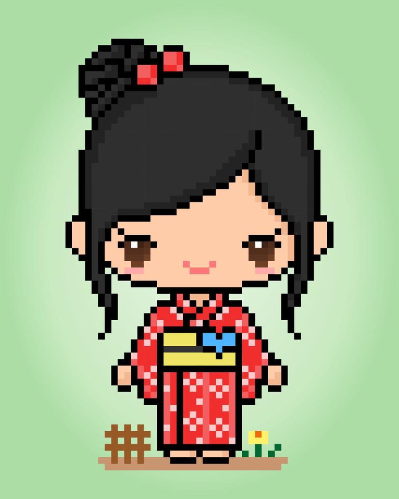 Les femmes de caractère 8 bits pixels portent une robe kimono. pixels de fille adulte dans les illustrations vectorielles pour les actifs de jeu ou les motifs de point de croix. vecteur