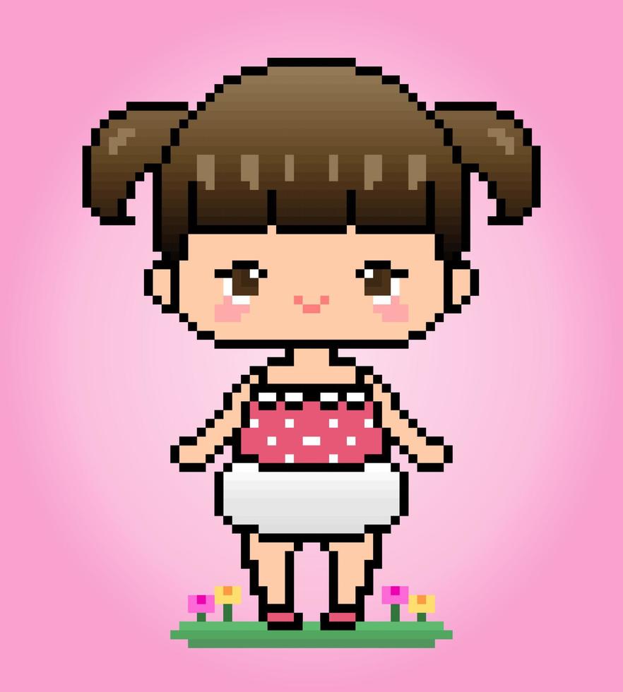 Pixel 8 bits, personnage mignon de petite fille. fille de dessin animé anime dans des illustrations vectorielles pour les actifs de jeu ou les motifs de point de croix. vecteur