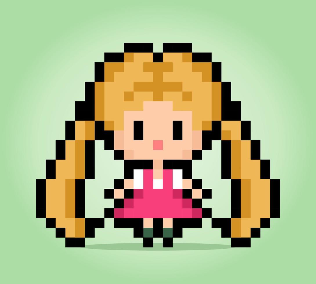 Personnage de petite fille 8 bits en pixels. pixels humains dans les illustrations vectorielles pour les éléments de jeu ou les motifs de point de croix. vecteur