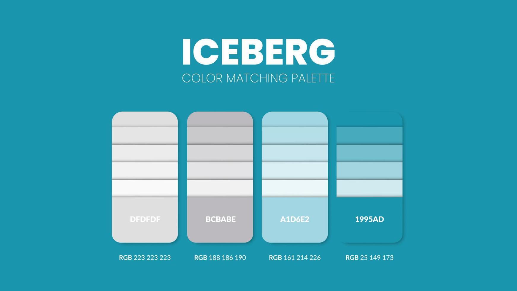 échantillons de cartes de livre de guide de couleur d'iceberg. palettes de thèmes de couleurs ou collection de schémas de couleurs. combinaisons de couleurs en rgb ou hexadécimal. ensemble d'inspiration de catalogue d'échantillons de couleurs tendance pour la mode ou le design. vecteur