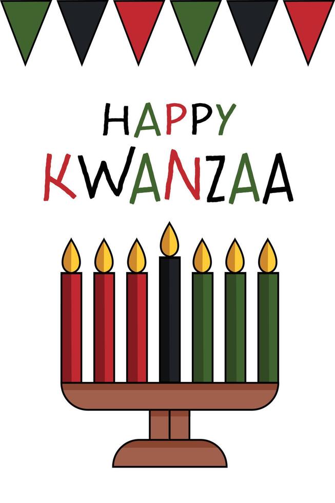 carte de voeux happy kwanzaa avec kinara et sept bougies, banderoles de drapeau, illustration plate. jolie affiche verticale simple pour les vacances de célébration du kwanzaa afro-américain. vecteur