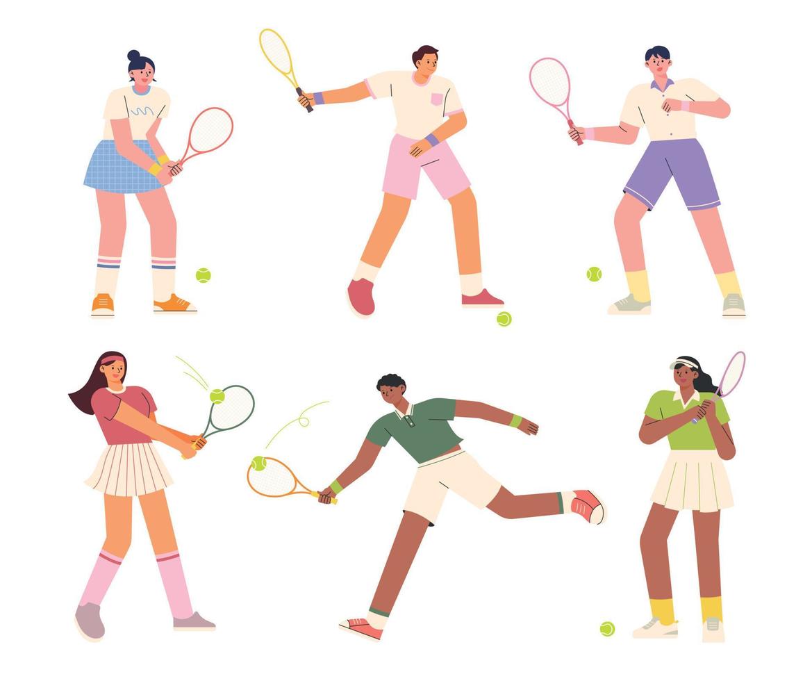 les joueurs portant des maillots de tennis élégants se balancent avec des raquettes. illustration vectorielle plane. vecteur