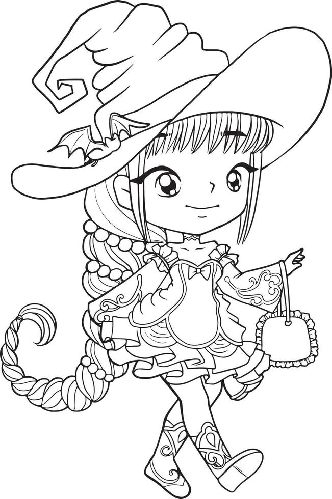 sorcière fille dessin animé griffonnage kawaii anime coloriage mignonne illustration dessin clipart personnage chibi manga des bandes dessinées vecteur