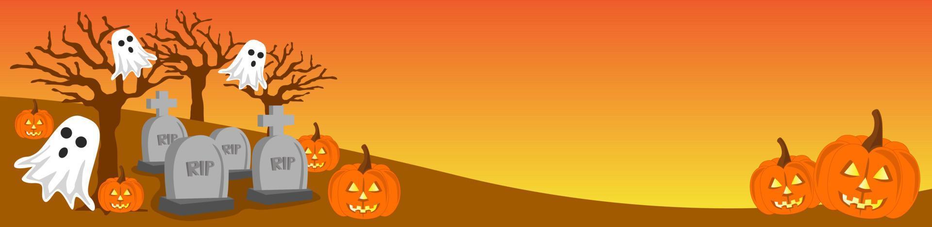 illustration de bannière d'halloween, avec thème jack o lantern, fantôme et atmosphère funéraire fantasmagorique vecteur