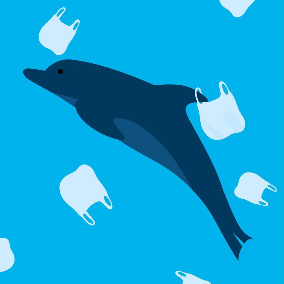 pollution par les déchets plastiques dans la mer. silhouette d'un dauphin nageant dans une mer et emprisonné dans un sac en plastique. Déchets plastiques. illustration de fond de mer polluée. vecteur