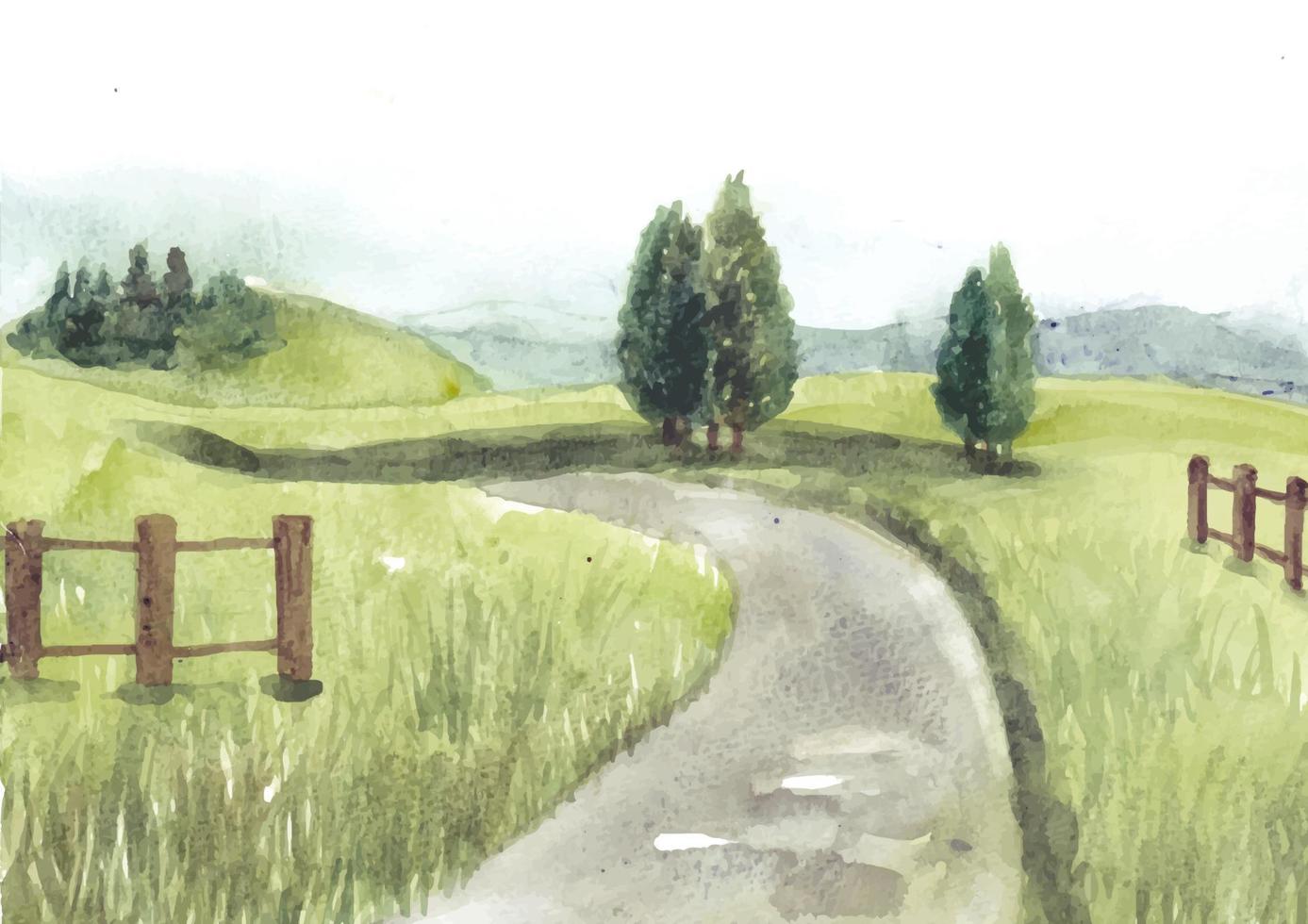 paysage de nature verdoyante avec aquarelle de clôture de route et de jardin vecteur