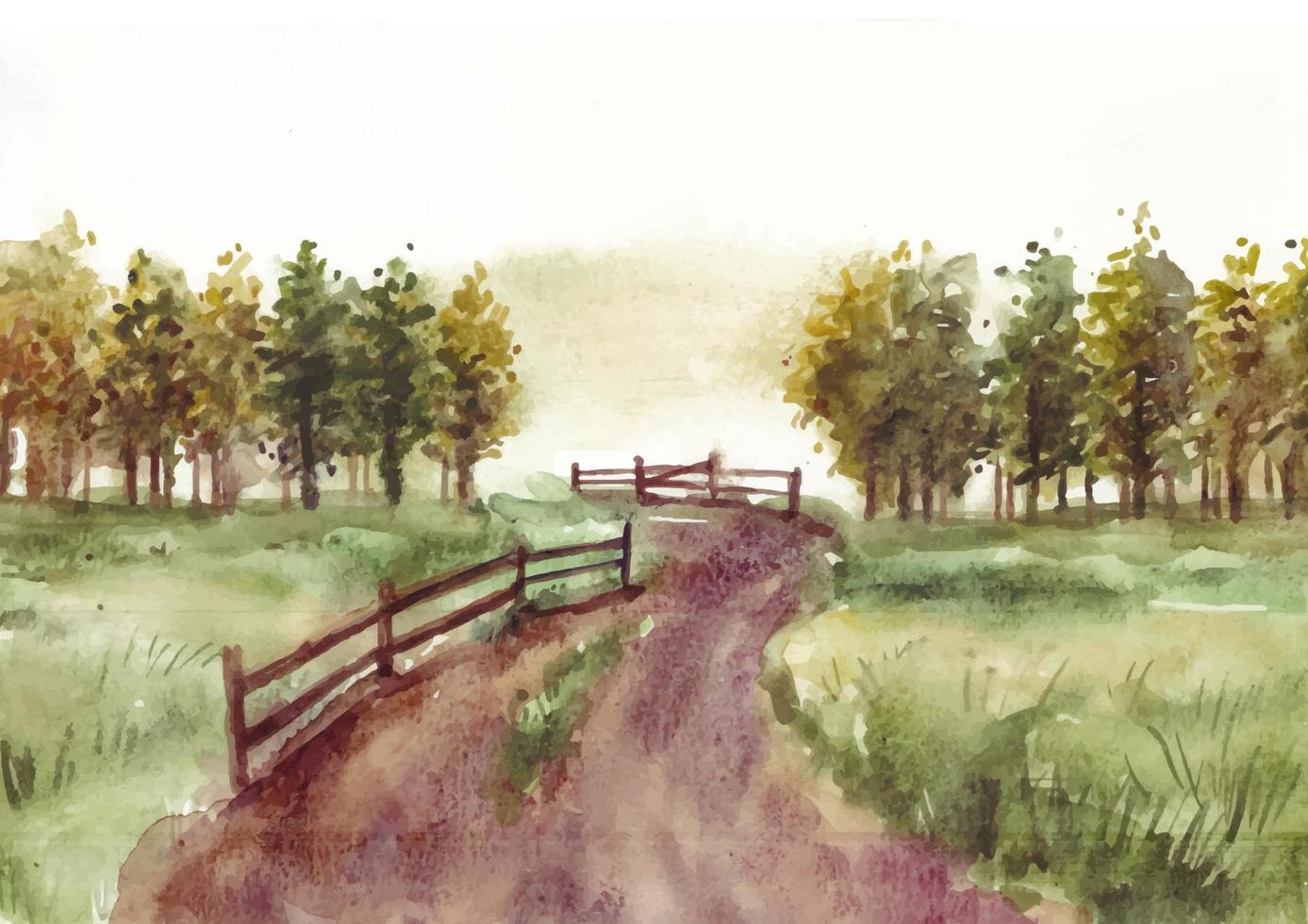 paysage nature du matin avec route et clôture aquarelle vecteur