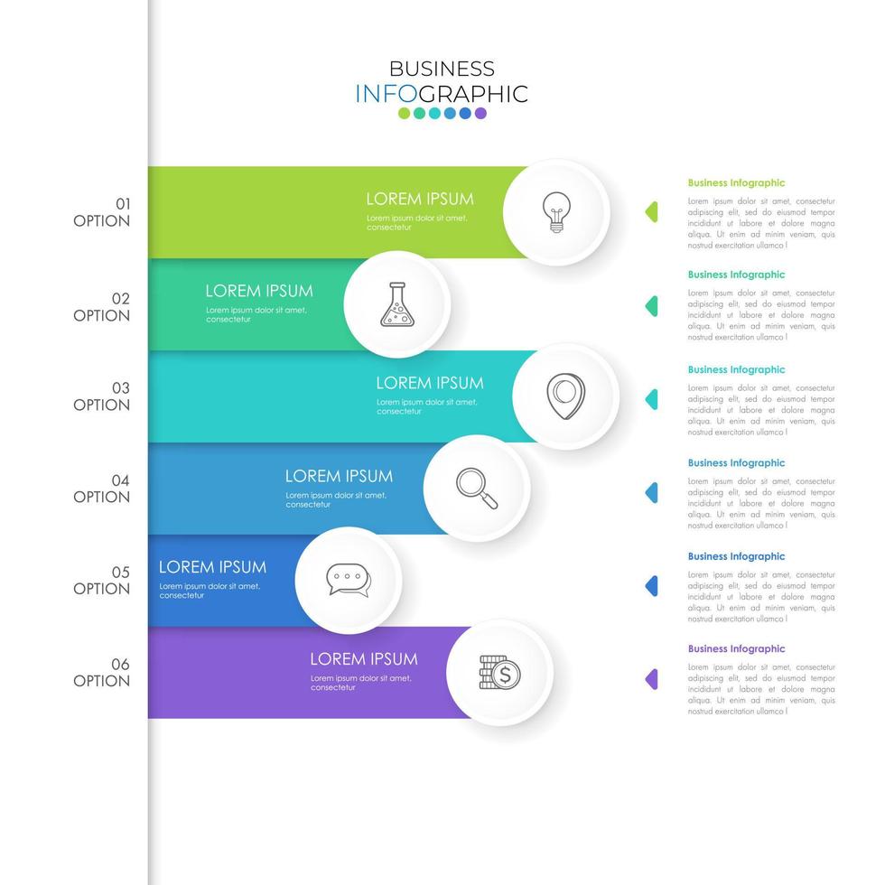 le modèle de conception infographique peut être utilisé pour la présentation, la bannière, le graphique, le flux d'affaires et le diagramme. modèle de chronologie plat moderne avec 6 options, pièces, étape pour le processus. modèle abstrait. vecteur