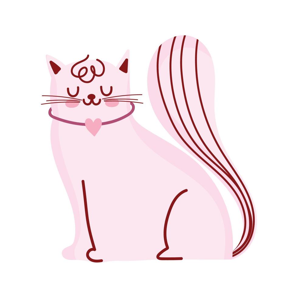 Joli chat rose avec collier coeur animal domestique icône isolé vecteur