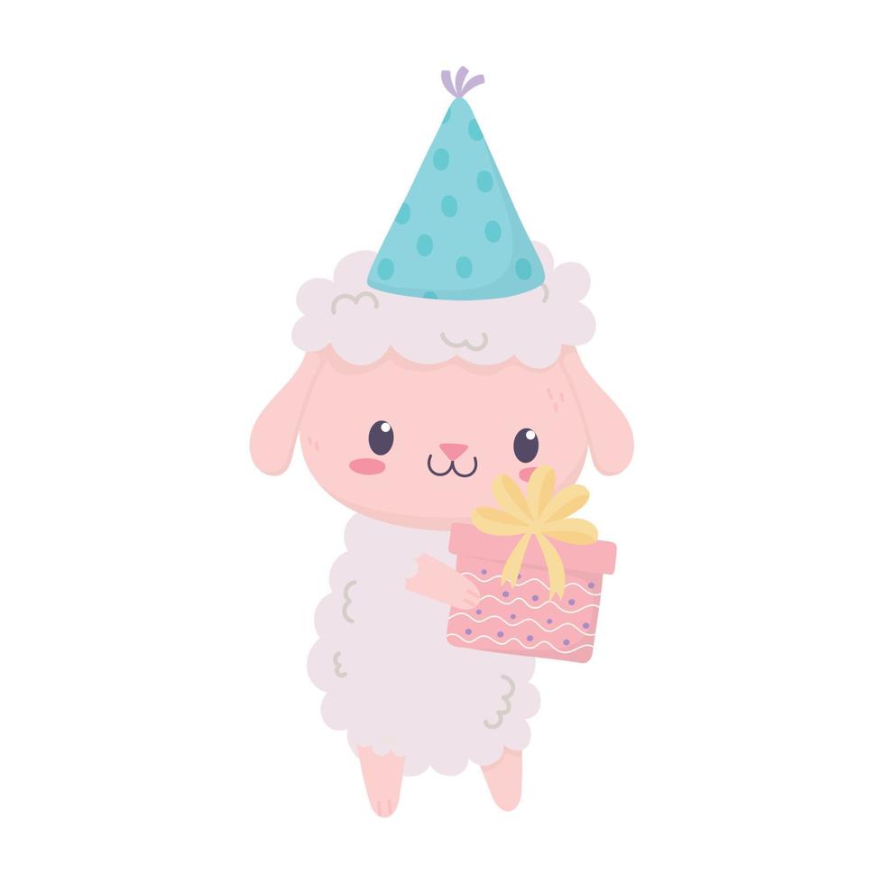 joyeux anniversaire mouton mignon avec chapeau de fête et dessin animé animal cadeau vecteur
