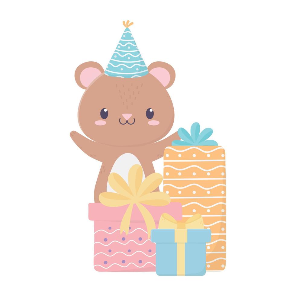 joyeux anniversaire petit ours chapeau de fête et coffrets cadeaux carte de décoration de célébration vecteur