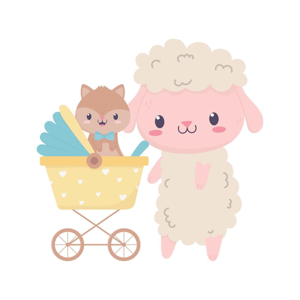 mouton de douche de bébé avec écureuil dans la décoration de dessin animé de landau vecteur