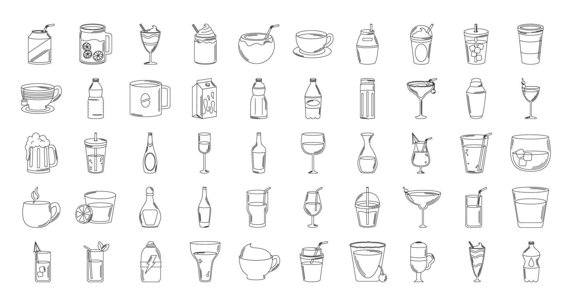 boissons boisson tasses en verre bouteille icônes de liqueur alcoolisée définir l'icône de style de ligne vecteur