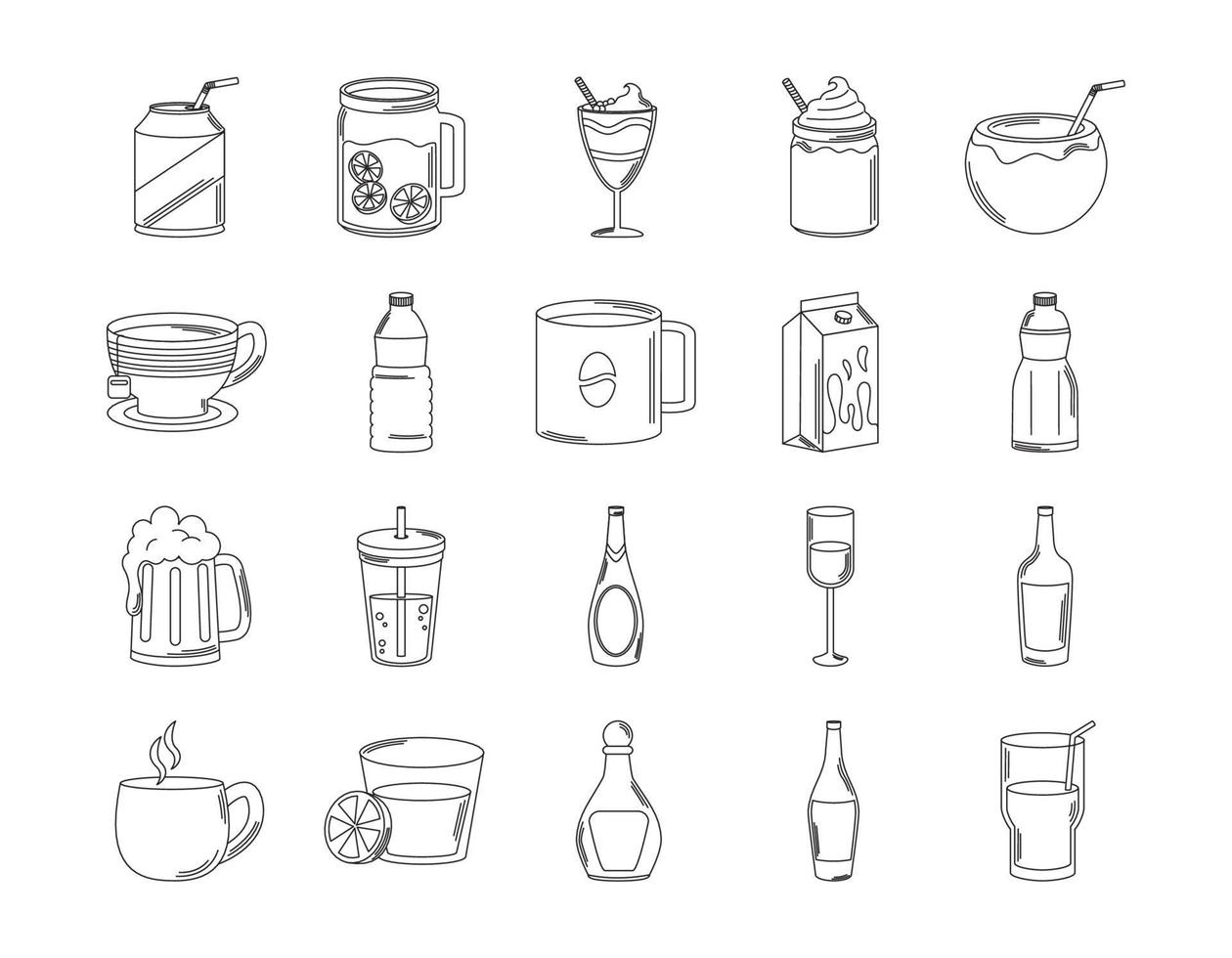 boissons boisson tasses en verre bouteille icônes de liqueur alcoolisée définir l'icône de style de ligne vecteur