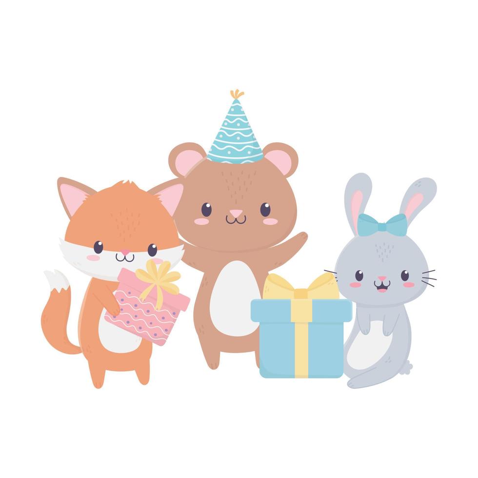 joyeux anniversaire animaux mignons cadeaux chapeau de fête cupcake célébration décoration carte vecteur