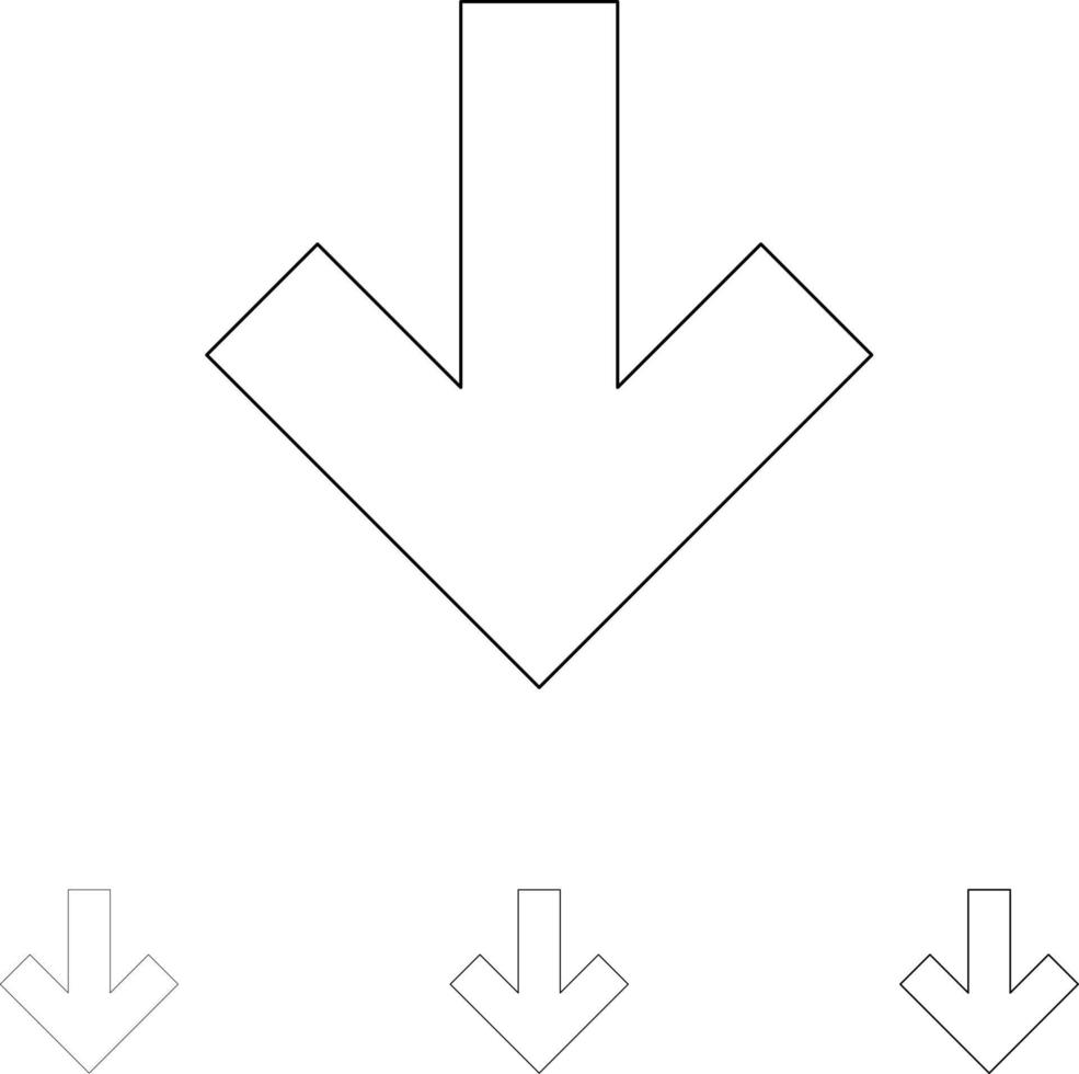 flèche vers le bas arrière jeu d'icônes de ligne noire audacieuse et mince vecteur