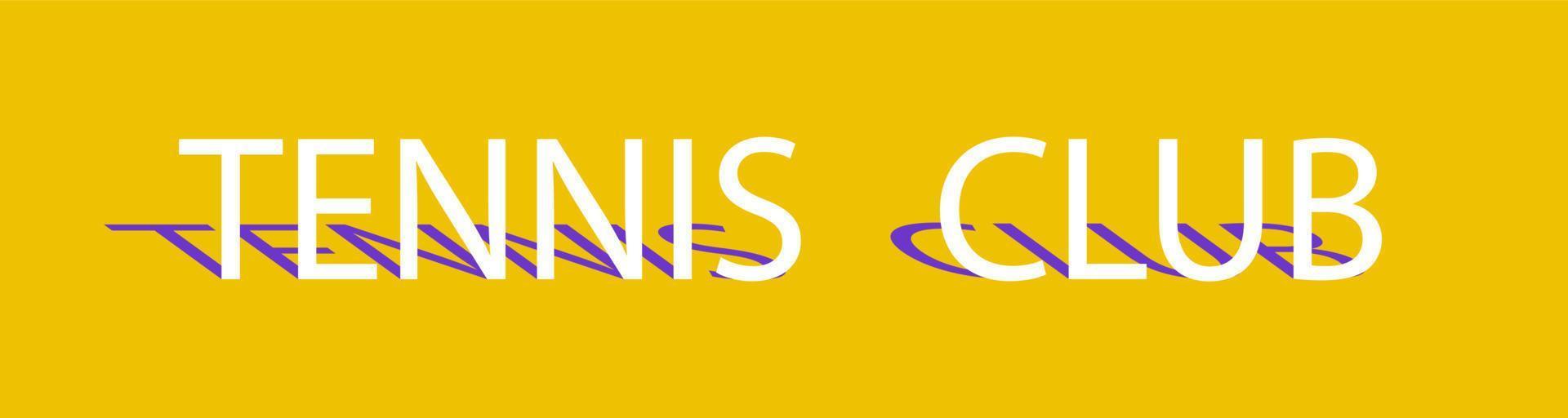 bannière du club de tennis. texte vectoriel blanc avec une ombre violette sur fond jaune. bannière de tennis de sport avec l'inscription.