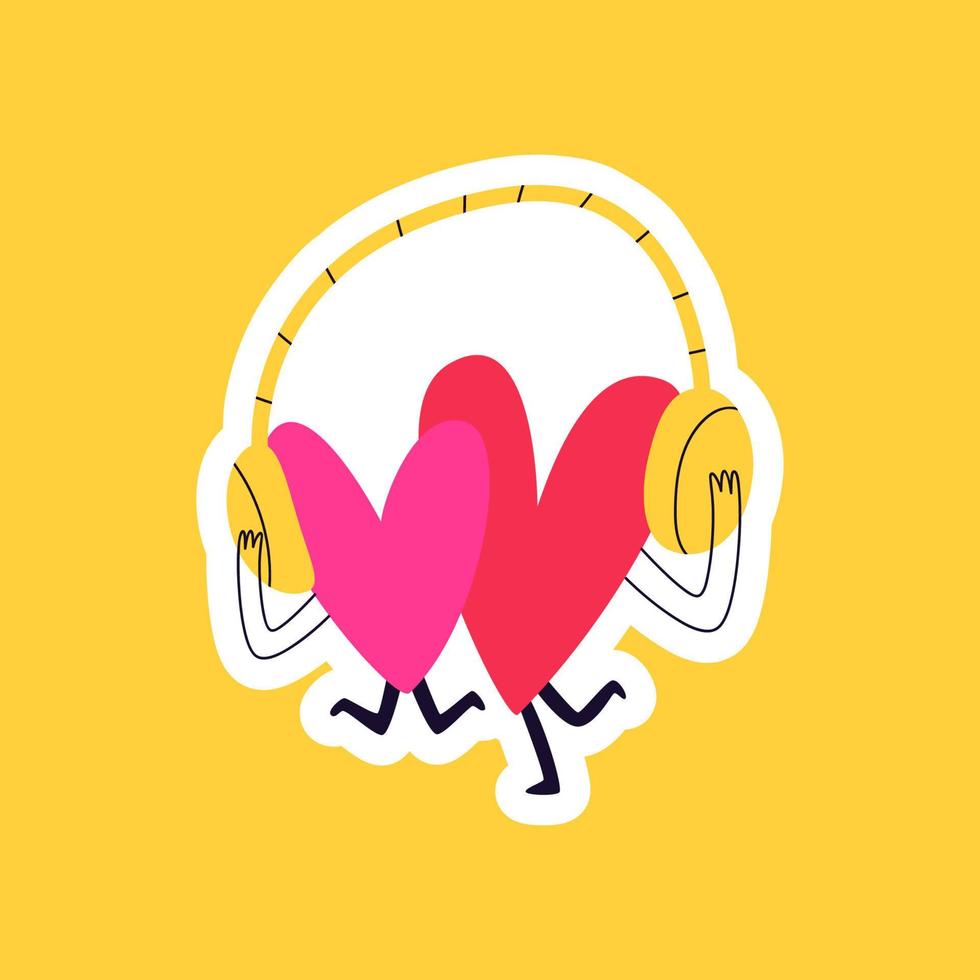 autocollant dessiné doodle coeurs dans certains écouteurs. coeurs amoureux, s'étreignant, écoutant de la musique et dansant sur fond jaune. illustration vectorielle d'autocollant de dessin animé de la saint-valentin. vecteur