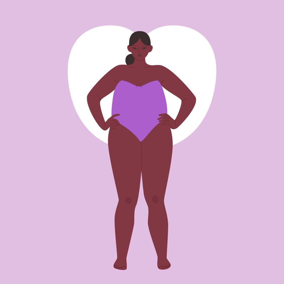 le type de forme est pomme. fille potelée de dessin animé portant un maillot de bain bustier violet. illustration de stock de vecteur d'une femme afro-américaine avec de larges épaules isolées.