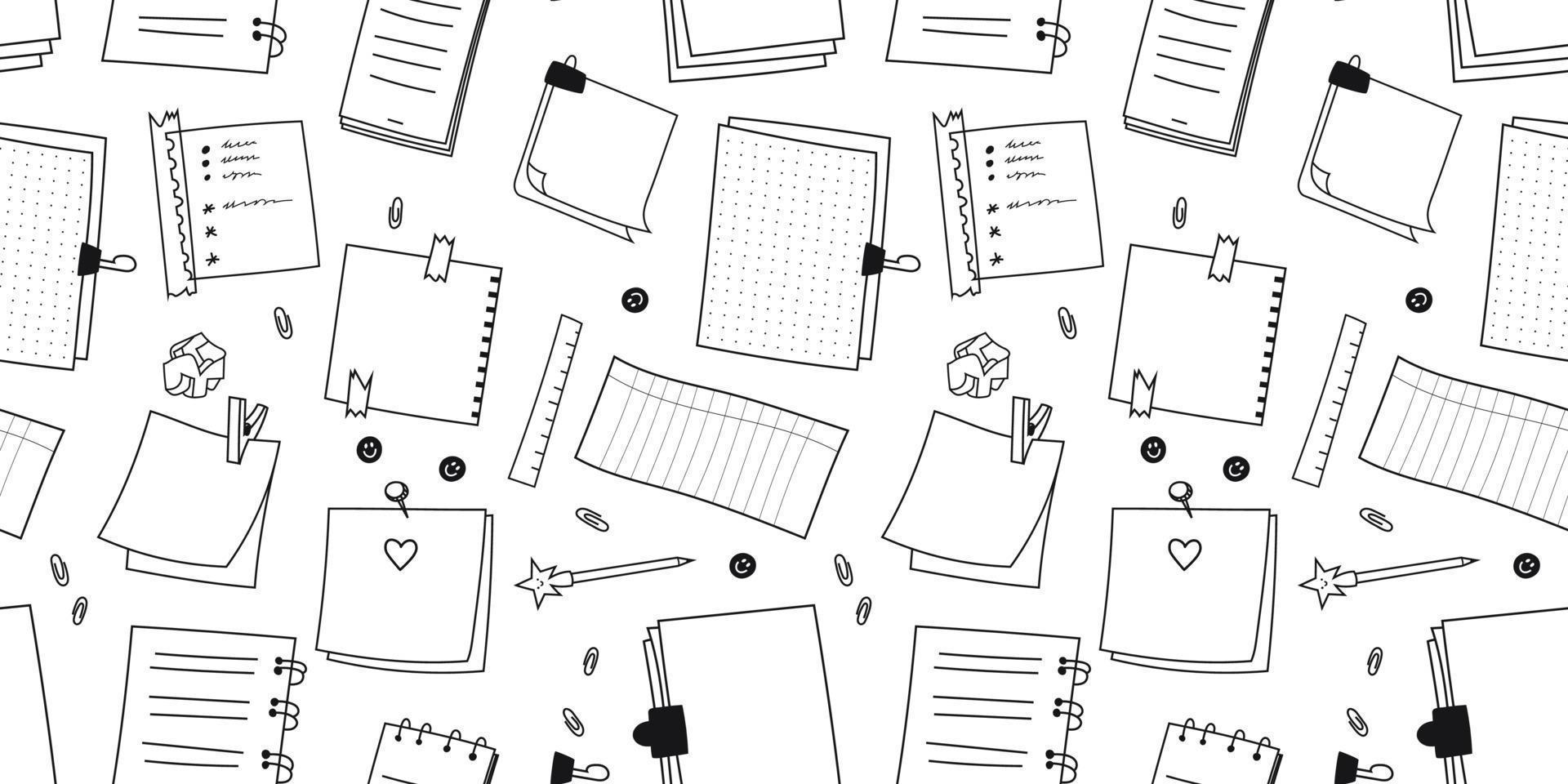 modèle horizontal sans couture de cahiers de gribouillis dessinés à la main, feuilles carrées. esquissez des trombones, des épingles, du papier déchiré d'un cahier. illustration vectorielle d'un modèle de fournitures scolaires sur un blanc. vecteur