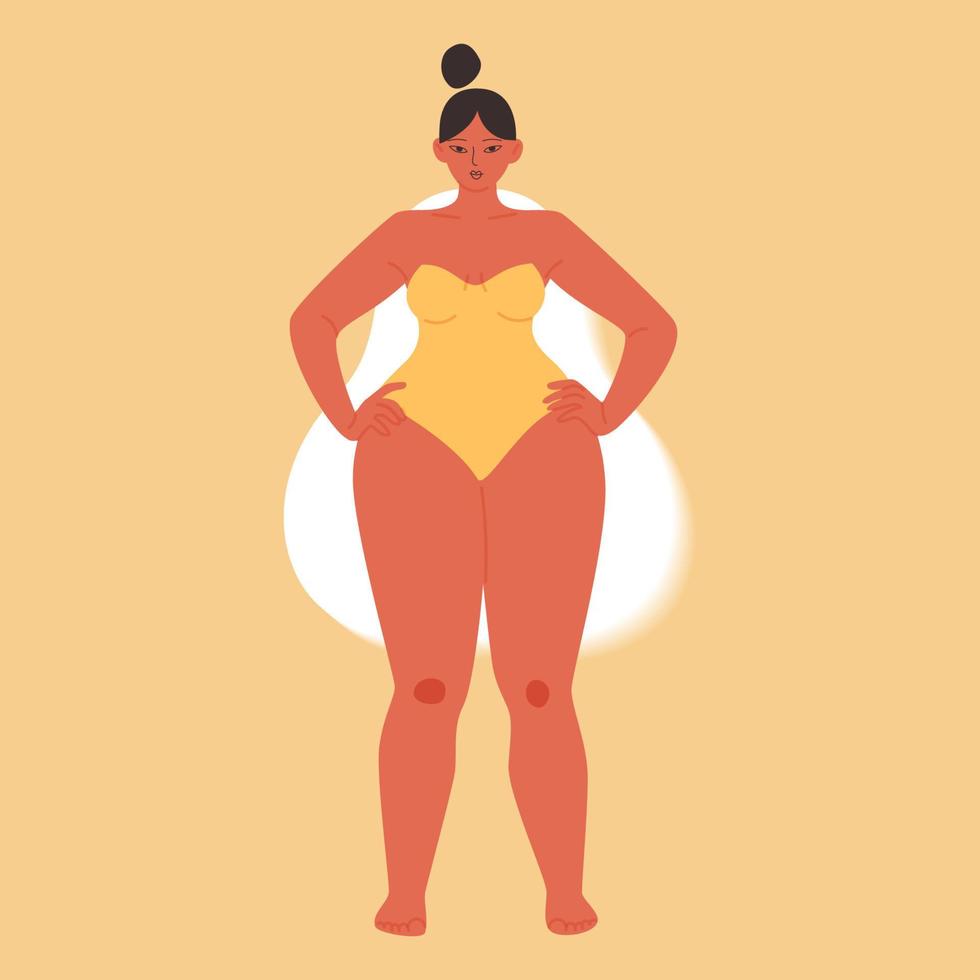 une figure féminine de type poire. fille potelée de dessin animé dans un maillot de bain jaune sans bretelles. illustration vectorielle stock d'une femme aux épaules larges isolées. vecteur