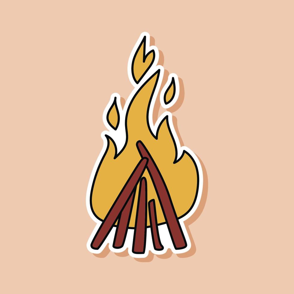 autocollant de doodle de feu de camp jaune dessiné. autocollant isolé de flammes sur les bûches. vecteur d'illustration de la faune.
